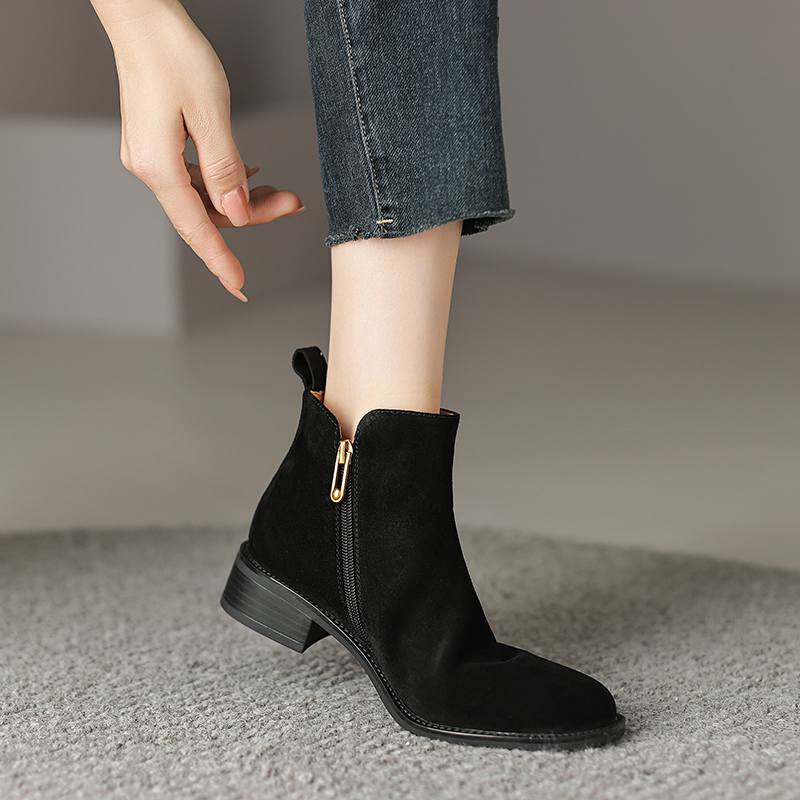 Krazing Pot Зимние ботинки челси из коровьей замши с круглым носком на среднем каблуке, женские ботильоны на молнии, большой размер 43, базовый дизайн