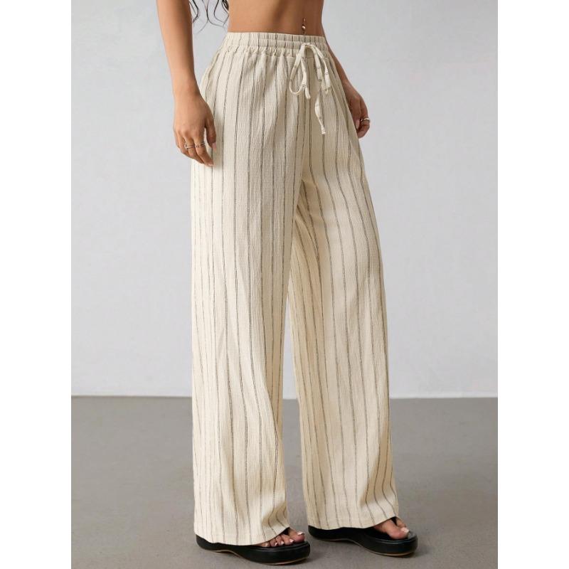 Womens Striped Wide Leg Pants Loose Casual Drawstring Elastic Waist Contrast Color Multicolor