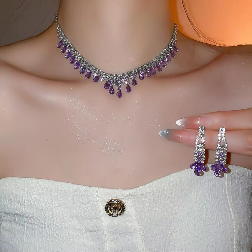 Water Drop Rhinestone Jewelry Set Inlaid Crystal Necklace Set Tassel Necklace Earrings Set Bridal