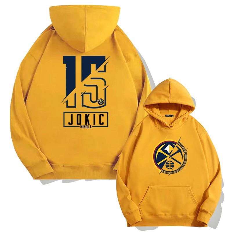 Мужская свободная толстовка с капюшоном с принтом NBA Denver Nuggets 15 Jokic - Хлопок, длинный рукав, спортивный пуловер, осень