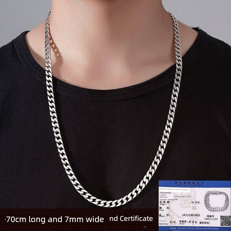 Sterling Silver S925 Cuban Necklace European and American Style Men's Fashion Versatile Unisex Trendy Personality Hip-Hop Chunky Bold Chain