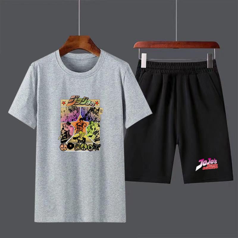 Мужской комплект футболок с аниме Jojo Bizarre Adventure, повседневный топ с короткими рукавами для мальчиков, брюки, костюмы, уличная одежда, футболки