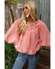 Apricot Pink Geometric Embroidered V Neck Puff Sleeve Blouse