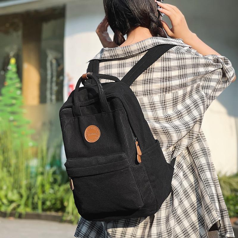 Women Corduroy Backpack Student School Bag Retro Class Book Backpack