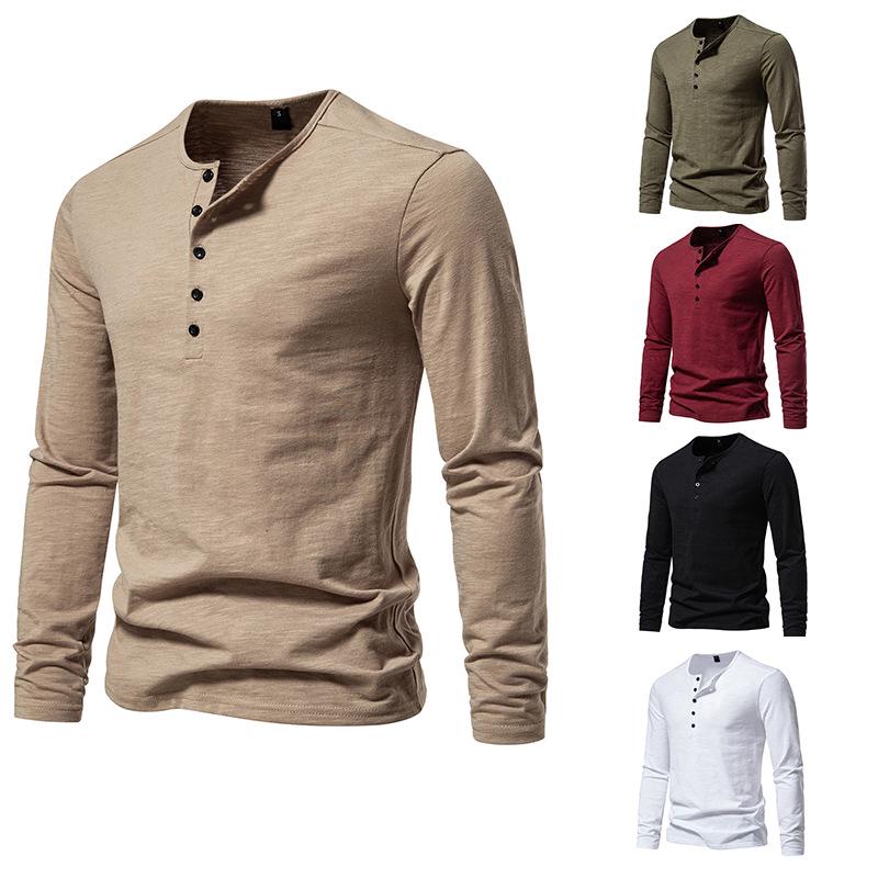 2023 Autumn Men's Five-Button Solid Color Long-Sleeve Casual T-Shirt