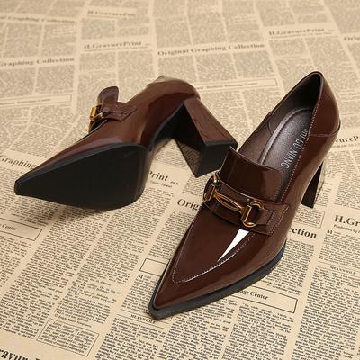 7912-2 Весенние туфли-лодочки с глубоким вырезом и толстым каблуком 2025 популярные для офиса, универсальные, с острым носком, на высоком каблуке, из маленькой кожи