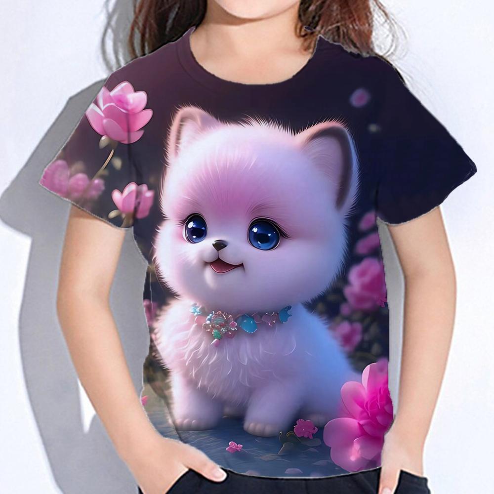 2025 Детская одежда Блузка для девочек Kawaii Cat Girl Футболка с коротким рукавом с принтом Одежда для мальчиков Футболка из полиэстера для девочек Детская футболка