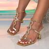 Liyke сексуальные золотые босоножки с цепочкой на щиколотке, с кристаллами, женские высококачественные узкие сандалии с квадратным носком, на низком тонком каблуке, свадебные туфли для выпускного вечера
