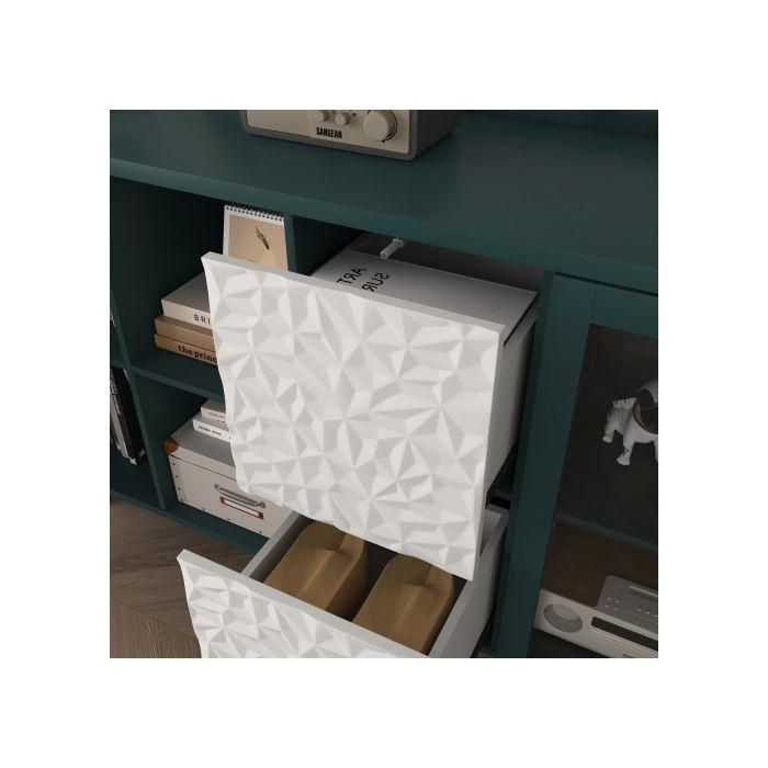 Meuble de rangement de 55 pouces comprenant deux tiroirs, deux compartiments ouverts et deux portes vitrées, vert.