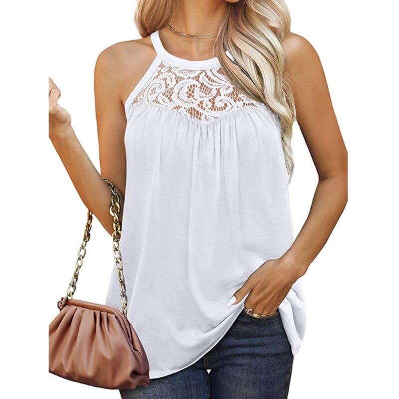 Летняя модная кружевная блузка без рукавов для женщин, сексуальный повседневный свободный жилет, рубашка с лямкой на шее, однотонный топ с принтом 25193