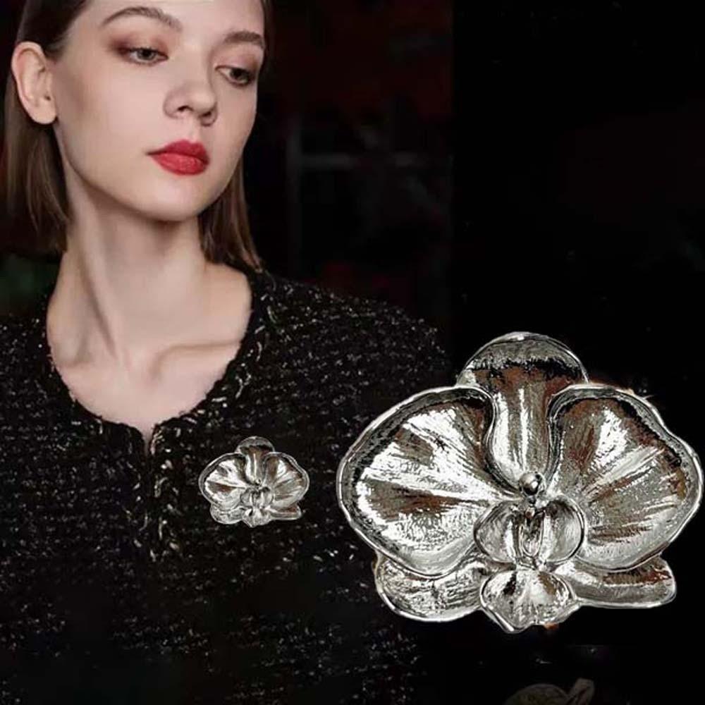 Vintage Orchid Flower Brooch Corsage Ornament Metal Glossy Brooch Butterfly Orchid Pin  Banquet