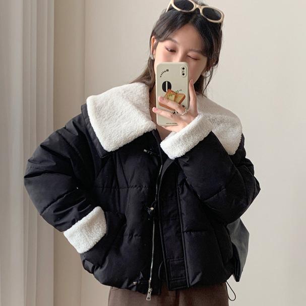 Lamb wool large lapel down cotton jacket women's winter new warm student short bread jacket