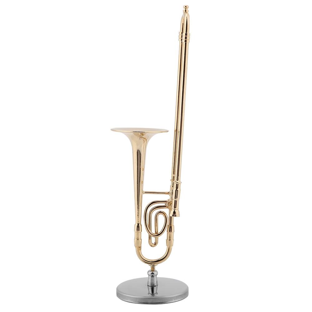 Miniature Trombone Replica with Stand and Case Gold Plated Instrument Model Musical Ornaments