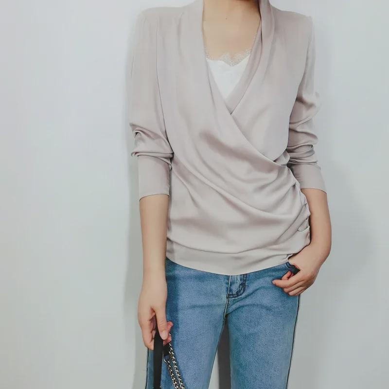 Clearance Women's V-Neck Long-Sleeve Silk Shirt - Fashionable Cream Pink with Swing Collar