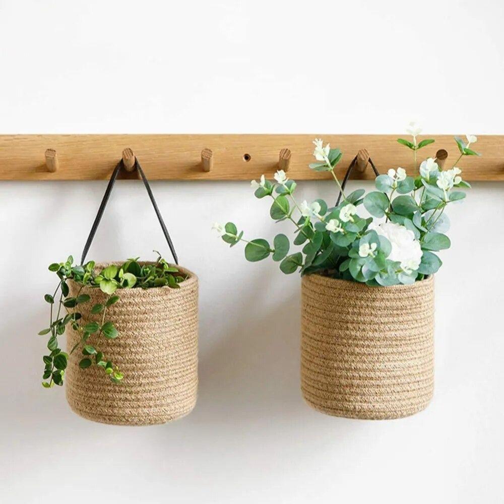 Cotton Rope Hand Woven Hanging Baskets Natural Wicker Plant Flower Pot Snack