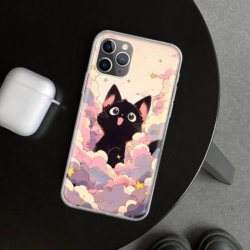 Аниме Милый Черный Кот Мяу Чехол для Телефона для iPhone 11 12 13 Mini 14 15 Plus 16 Pro Max 17 Air 7 8 + SE Арт Индивидуальный Fundas