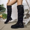 Women's Solid Color Trendy Boots, Buckle Belt Pull On Chunky Heel High Knee Boots, Winter Round Toe Slouchy Boots