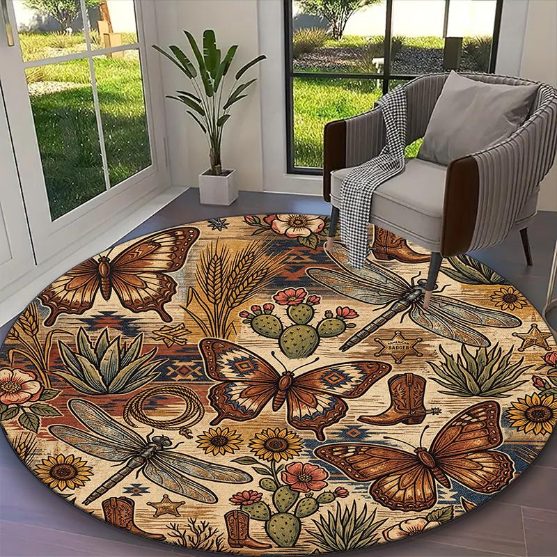1pc Round Rug Appropriate for Office, Deep Wine Floral Butterfly Carpet, Versatile Printed Chair Rug, Durable Home Sofa Carpet