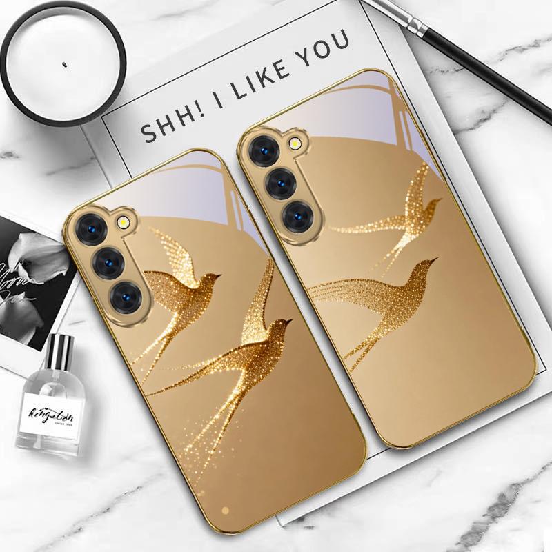 golden flying bird For Samsung Galaxy S26 S20 FE S21 S22 S23 Plus S24 Ultra S25Ultra S21+  S22Plus Golden glass phone case