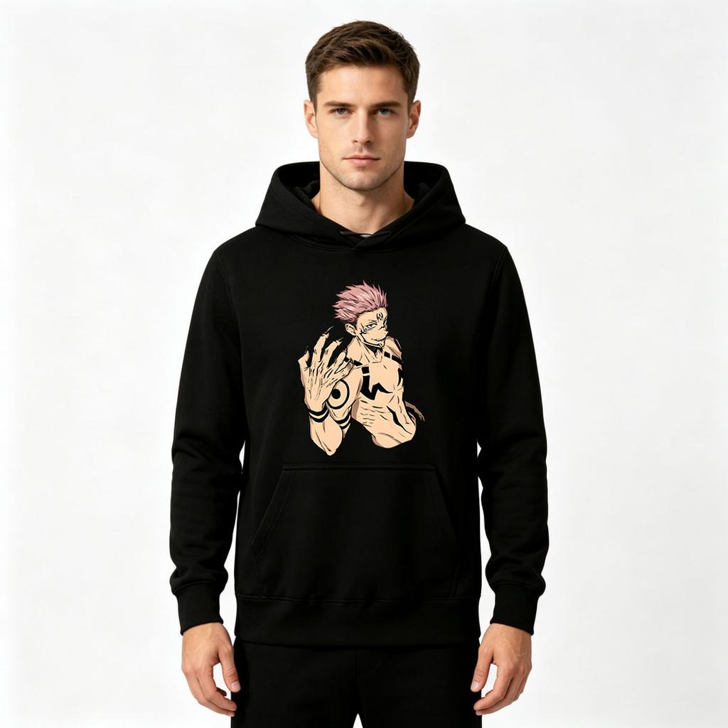 Men Anime Print Pullover Hoodie Casual Long Sleeve Jujutsu Character Pattern Sweatshirt for Daily Wear