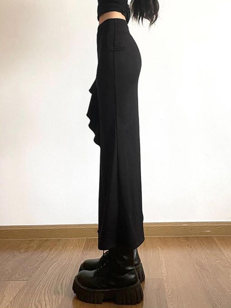 Women's Slit Black Midi Skirt High Waist Irregular Ruffled Skirt Sexy Bottom Clothes Fashion Streetwear Spring Summer