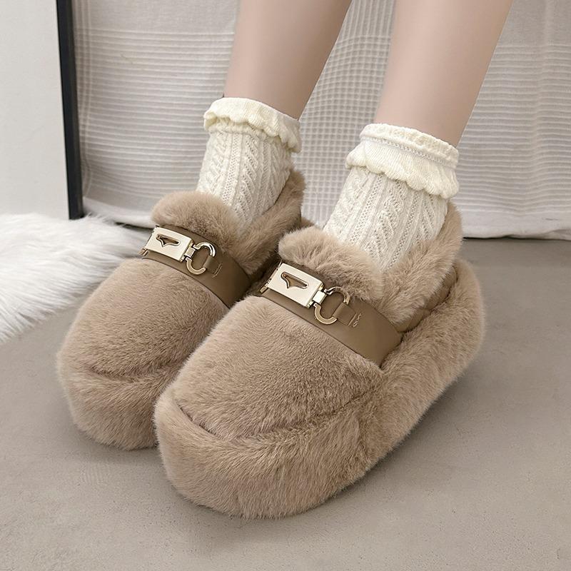 Женская обувь на платформе из меха и хлопка, зимние мокасины на плоской подошве, зимние теплые плюшевые туфли на высоком каблуке, тренд 2025 года, новые повседневные прогулочные ботинки для женщин