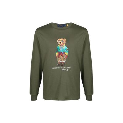 Polo SS23 Teddy Bear Pattern Printed Crew Neck Long Sleeve T Shirt Men Tops Green 710891152-001