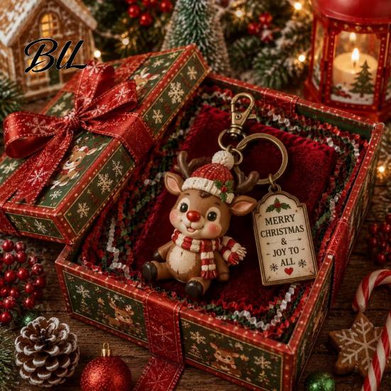 Christmas Theme Keychain Santa Claus Keychain, Cartoon Snowman Reindeer Elf Highland Cow Character Keyring, Xmas Pendant for Party Favors Gingerbread