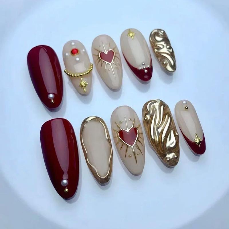 24Pcs 3D Green Ripple Cat Eye French Almond Fake Nails Leaf Pattern Removable Press On Nail Tips