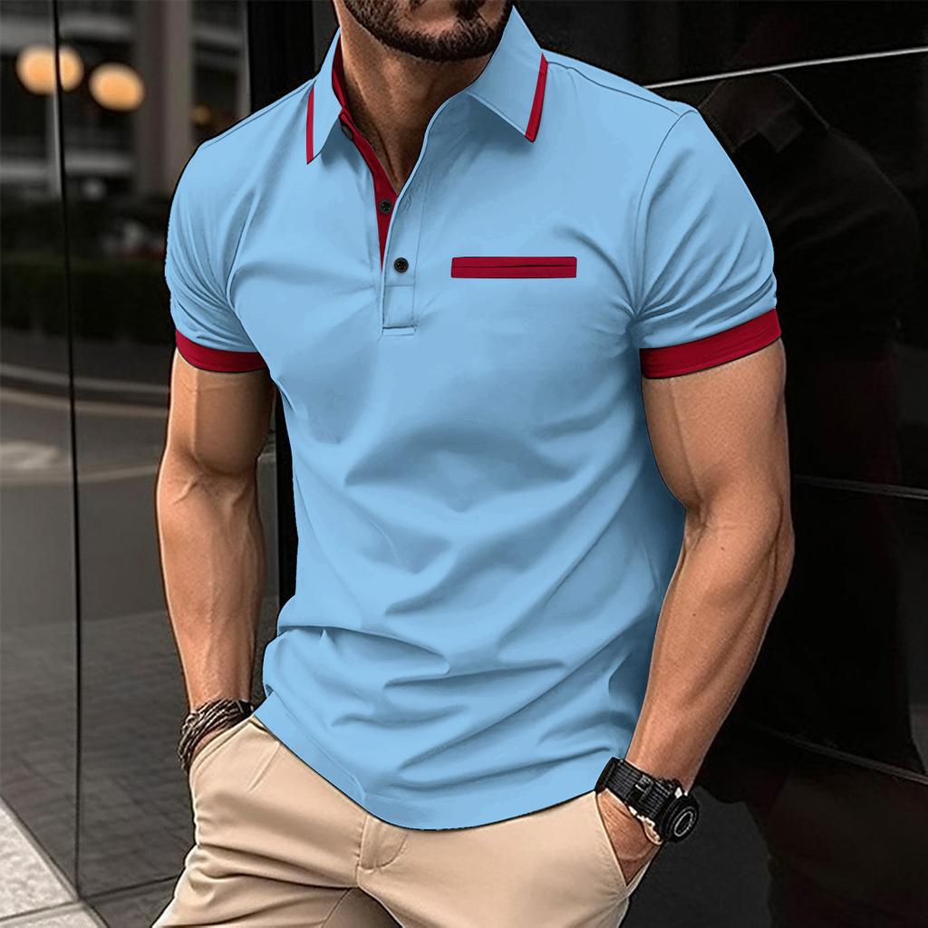 Men's Tops White Black Blue Casual Short Sleeve Fake Pocket Button Polo Shirt