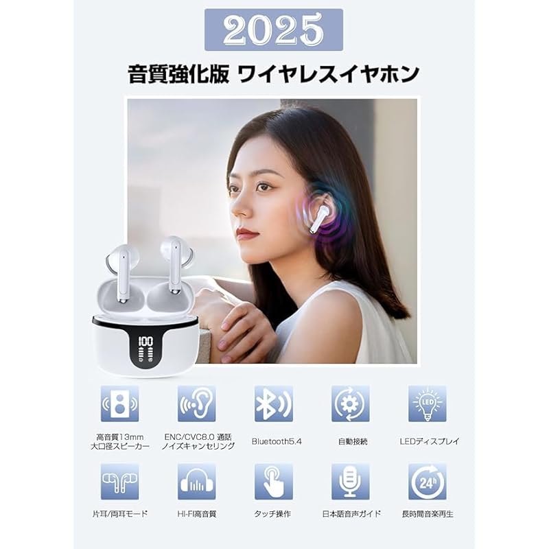 2025[Наушники Bluetooth5.4 Улучшенное качество звука] беспроводные наушники Bluetooth наушники Bluetooth наушники канального типа ENC шумоподавление светодиод