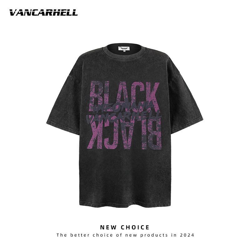 Top Washed Vintage Retro T-Shirt Casual Male Couple Retro Letter Printing Short Sleeve Trendy Brand Loose