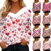 Women's Valentine Love Printed Long Sleeve Shirt V-neck Casual Loose T-shirt Top