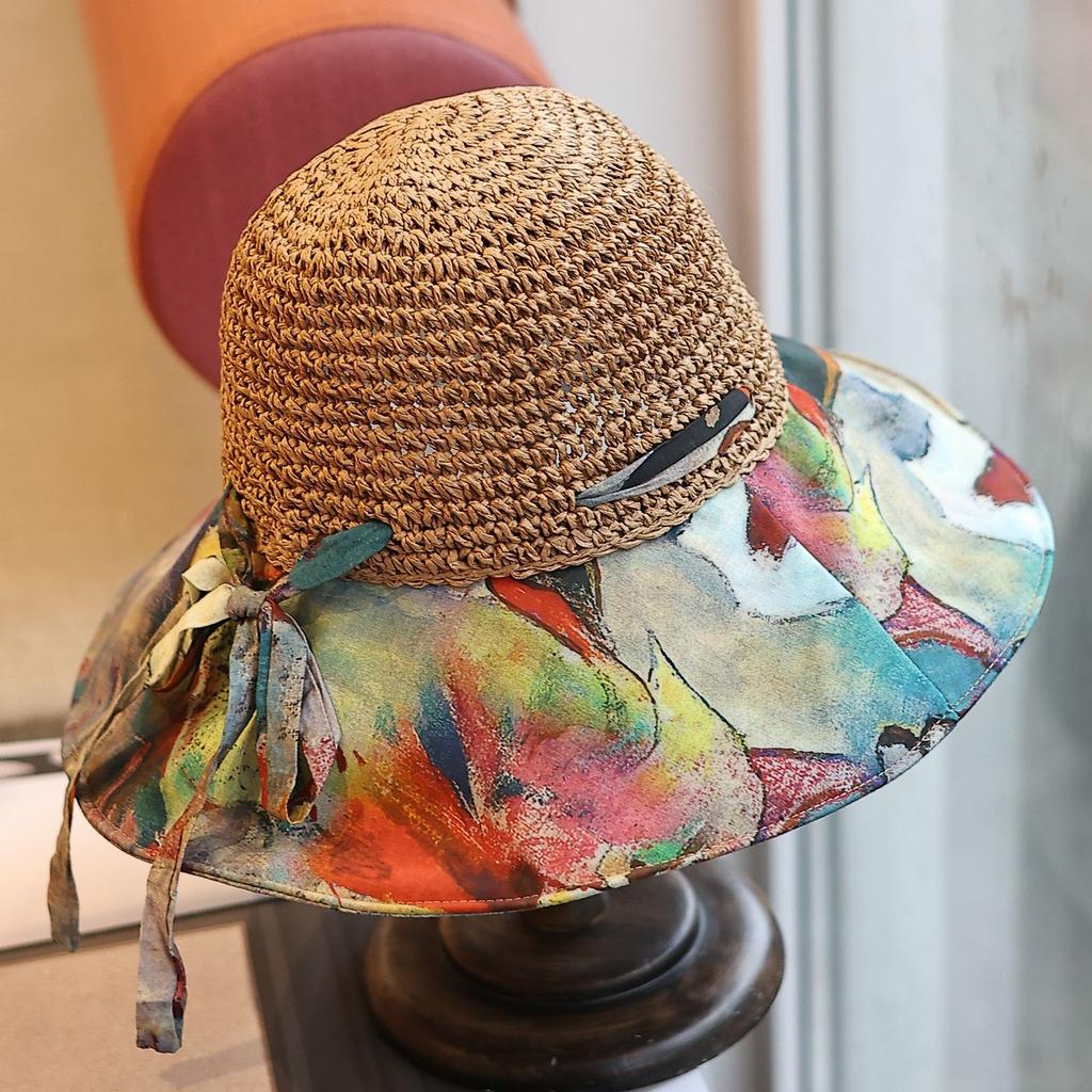 Pastoral style smudged big eaves holiday style sun hat spring and summer hollow crochet top seaside sun protection straw hat woman