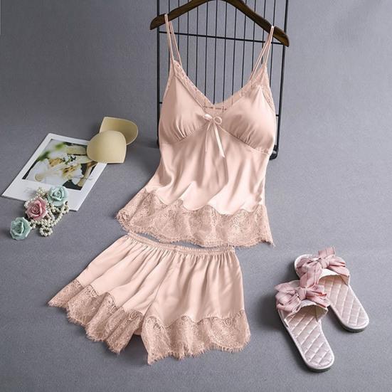 Women's Satin Pajamas Set Lace And Shorts Two Cami Top Piece Sleepwear with Built-in Bra Sexy