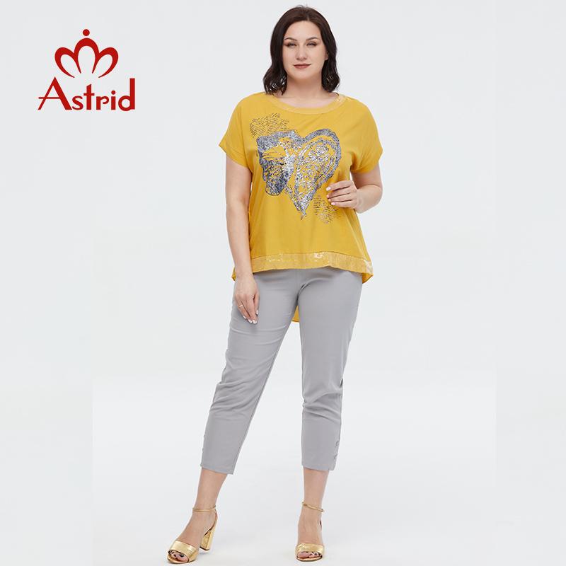 Летняя женская футболка Astrid, новинка 2023 года, хлопково-льняной топ, футболка большого размера с короткими рукавами, модная женская одежда с принтом и пайетками