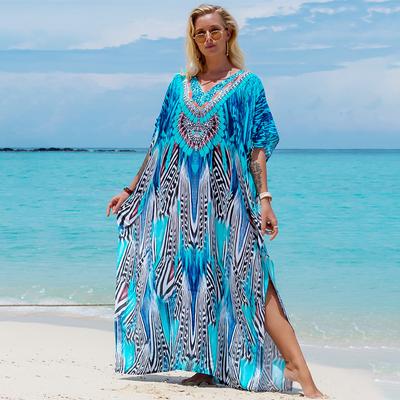 Турецкий халат с принтом и рукавами «летучая мышь», летняя туника, купальник больших размеров, накидка для женских купальников, синие платья-кафтан