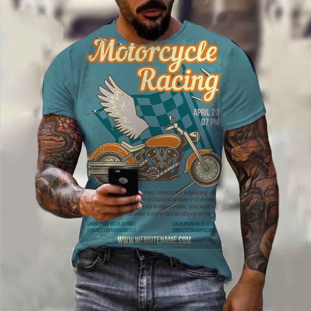 Мужские футболки с 3D мотоциклетным принтом, трендовая винтажная одежда в стиле хип-хоп, байкерские гоночные футболки, спортивный топ с короткими рукавами для езды на открытом воздухе
