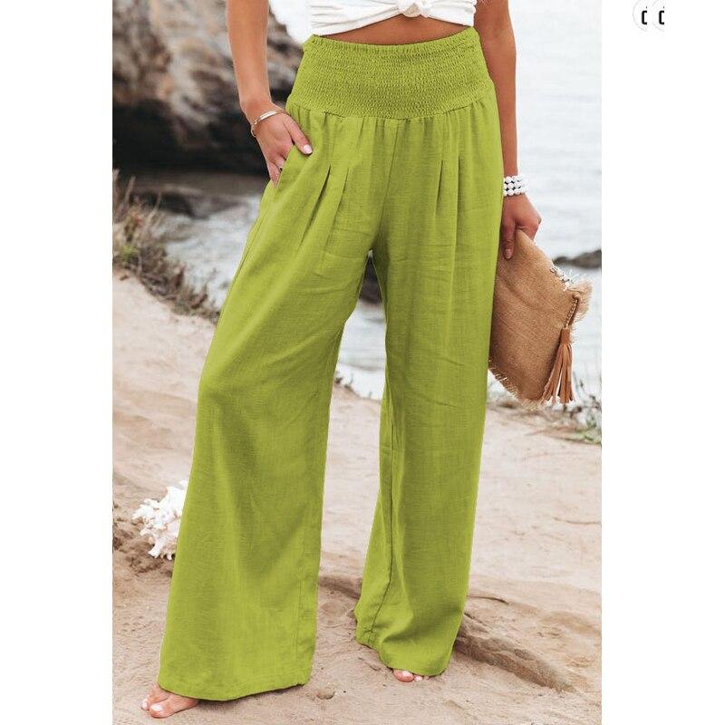 2023 Casual Beach Wide Leg Pants Women Fashion Solid Elastic Cotton Linen Long Pants Chic Loose High Waist Ladies Trousers 22683