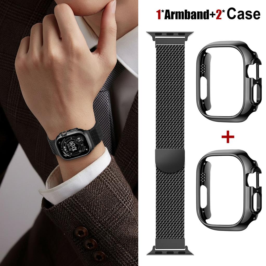 For Apple Watch Band Ultra2 3 49mm 45mm 42 46mm 40mm 44mm Milanese Bracelet iWatch series SE 11 10 9 8 7 Case+Thick Metal Strap