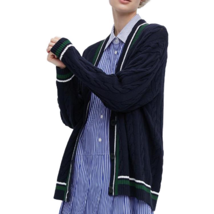 Uniqlo X JW Anderson Коллаборация Весна-Лето 2023 Коллекция Весна-Лето Двухцветный Свитер с V-образным вырезом и полосками Скрученная вязка Женский свитер Темно-синий 460651-69