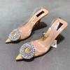 TRAF Woman Shiny Rhinestone High Sandals 2024 Chic Transparent Pointed Heeled Pumps Summer Woman Sexy Slingbacks Stiletto Shoes