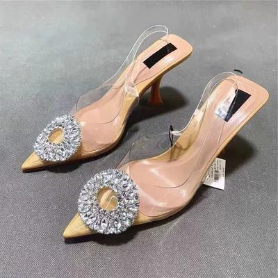 Босоножки TRAF Woman с блестящими стразами на высоком каблуке 2024 года, шикарные прозрачные туфли-лодочки с острым каблуком, летние женские сексуальные туфли на шпильках