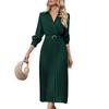 Women's Dresses Solid Color V-Neck Casual Temperament Long Sleeve Belt Lapel Pleated Skirt Dresses