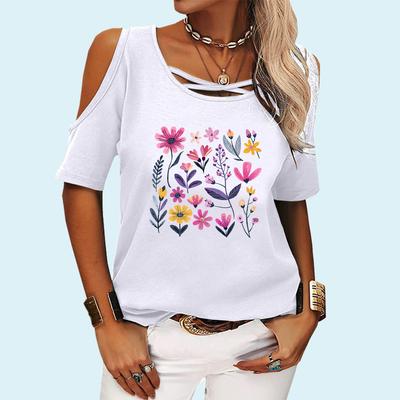 Женская модная футболка с коротким рукавом и цветочным принтом, круглый воротник, топ с открытыми плечами, женская повседневная футболка-пуловер