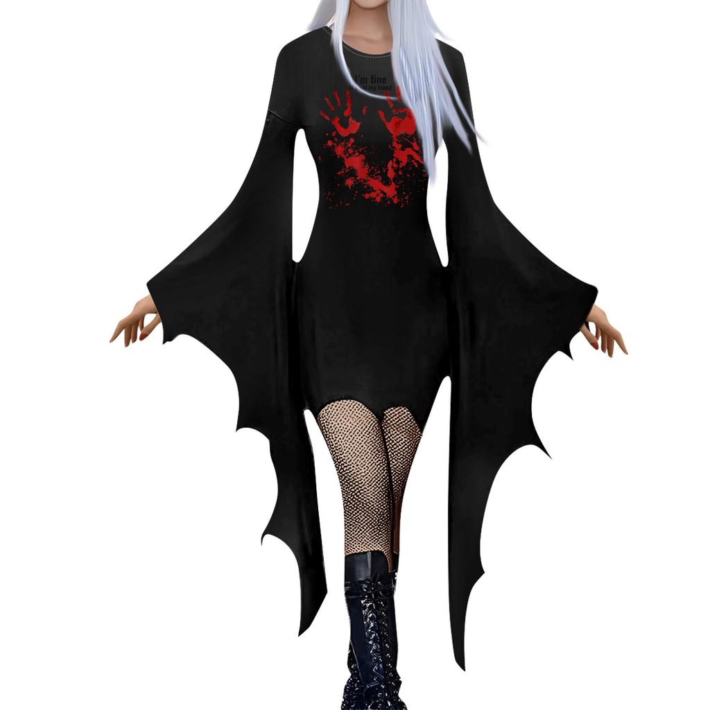 Женская мода готический панк летучая мышь рукава Хэллоуин принт нестандартное вечернее платье