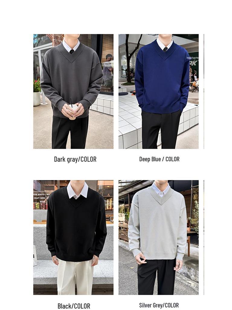 Unisex Retro V-Neck Sweater - Two-Piece Look, Autumn/Winter Style