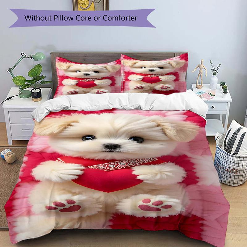 3pcs Anime Cute Dog Heart Pillowcase Set - Includes One Quilt Cover and Two Pillowcases (No Core) - Polyester Fabric, Perfect for Bedroom and Gue