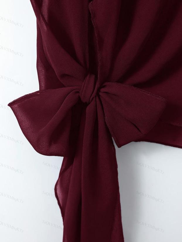 Элегантный винно-красный шифоновый топ с драпировкой на талии и короткими рукавами