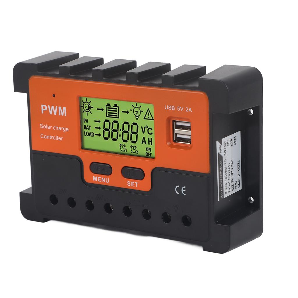 ШИМ Солнечный контроллер 50А 12В 24В 48В Ручной выбор 3-ступенчатая зарядка Регулятор солнечного заряда с 2